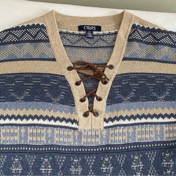 Ralph Lauren Chaps Southwestern Aztec V Neck Lace Up Sweater Size M Petite - Picture 5 of 9